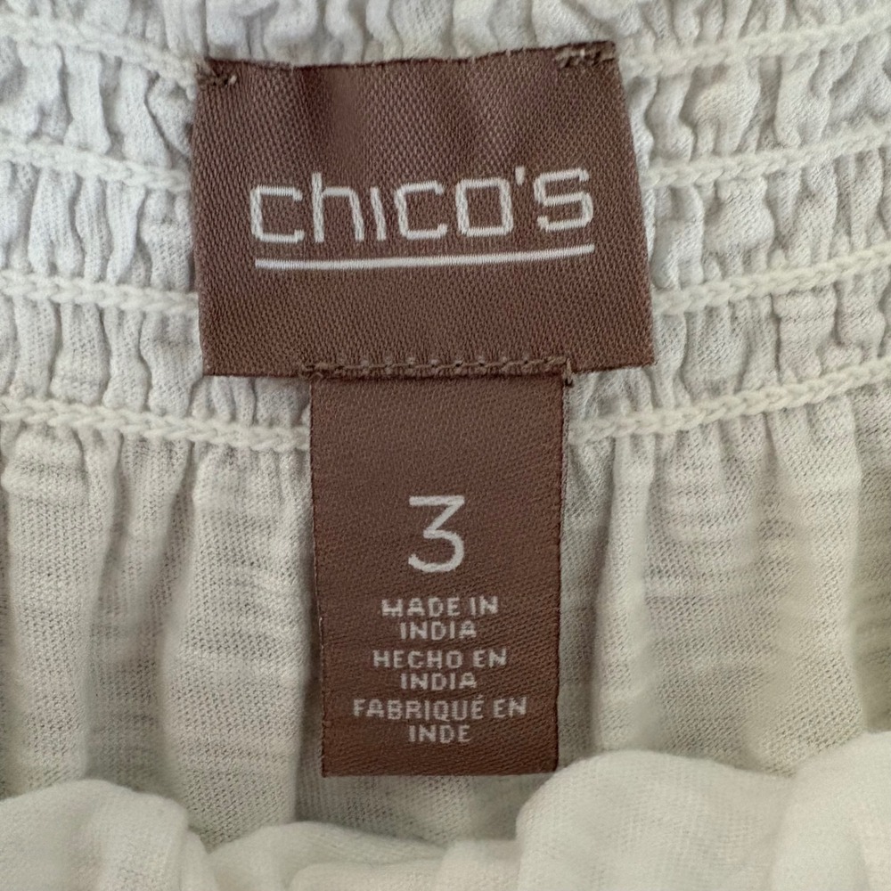 Chicos White Smocked Neck Crochet Lace Trim Top Cotton Modal‎ 3 XLVacation - Picture 2 of 8